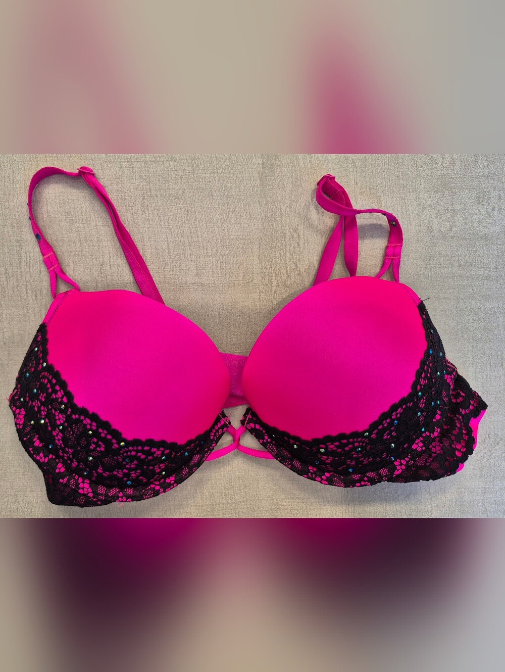 34B Victoria's Secret Miraculous Plunge Hot Pink Black Lace Push-Up Bra